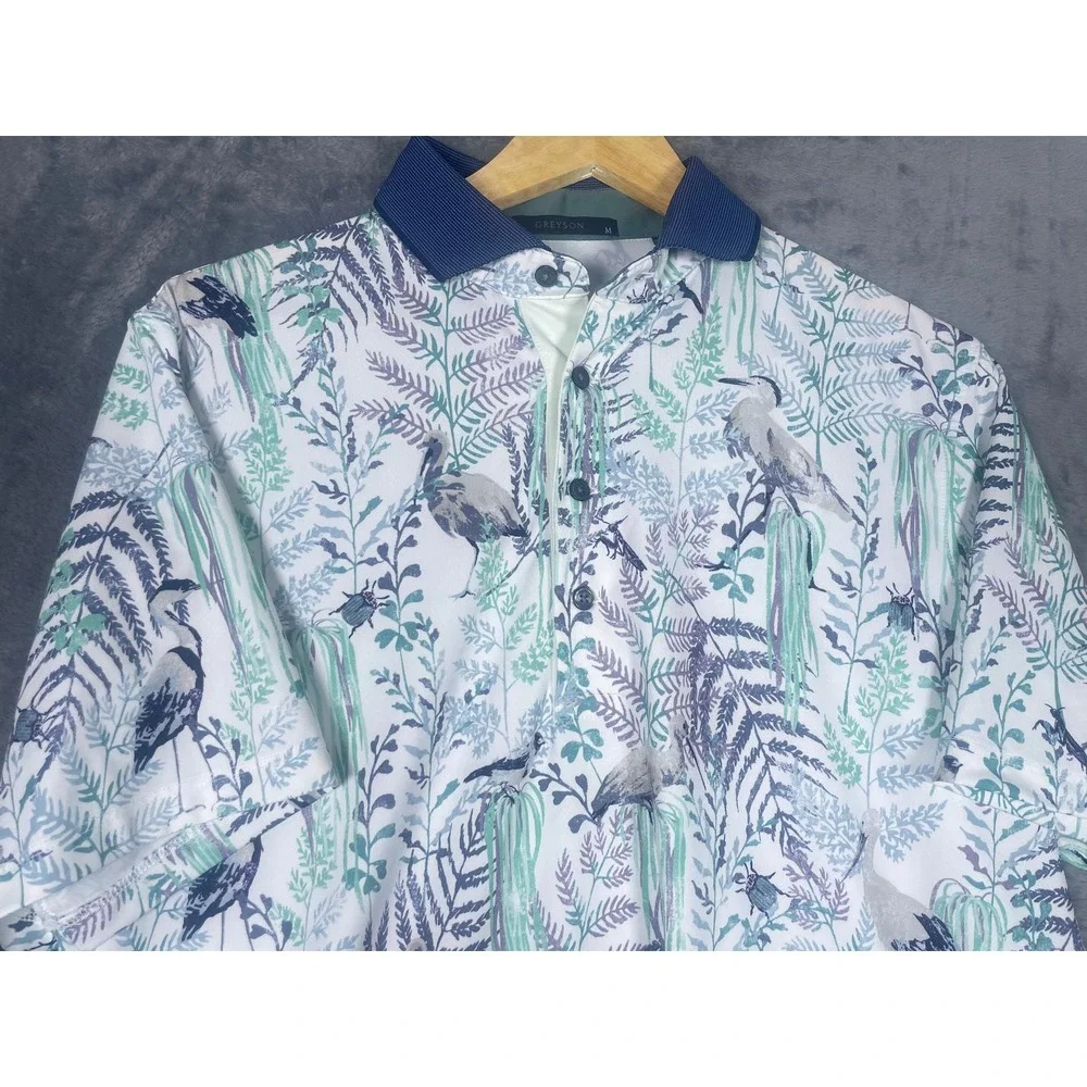 Greyson Mens Medium Golf Polo Shirt White Blue Heron Botanical Print Performance - Picture 2 of 8